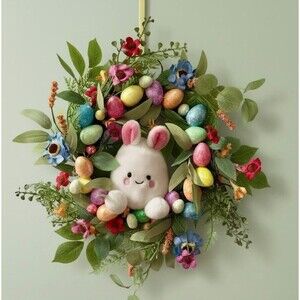 14” Wreath Easter Spring Plush Bunny Multicolor Flowers Greenery Glittered Eggs